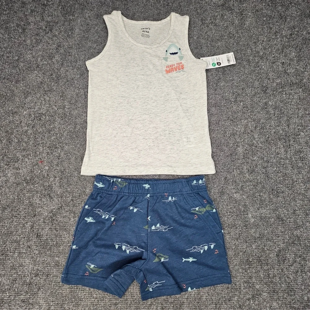 Carter's Boys‎ 2pc Outfit Shark Tank Top Shorts Set Gray Blue 4T